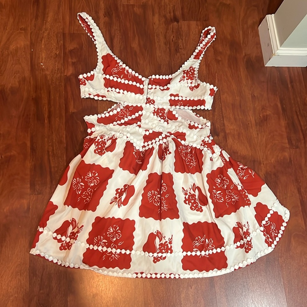 Amazon White Strapless Dress with Red Block Print and Pom-Pom Trim